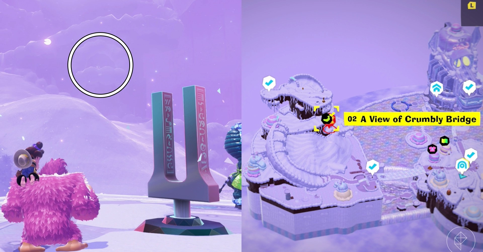 Donkey Kong stands in front of a tuning fork while looking for Freezer layer bananas in a split image that shows Freezer banandium gem locations in Donkey Kong Bananza
