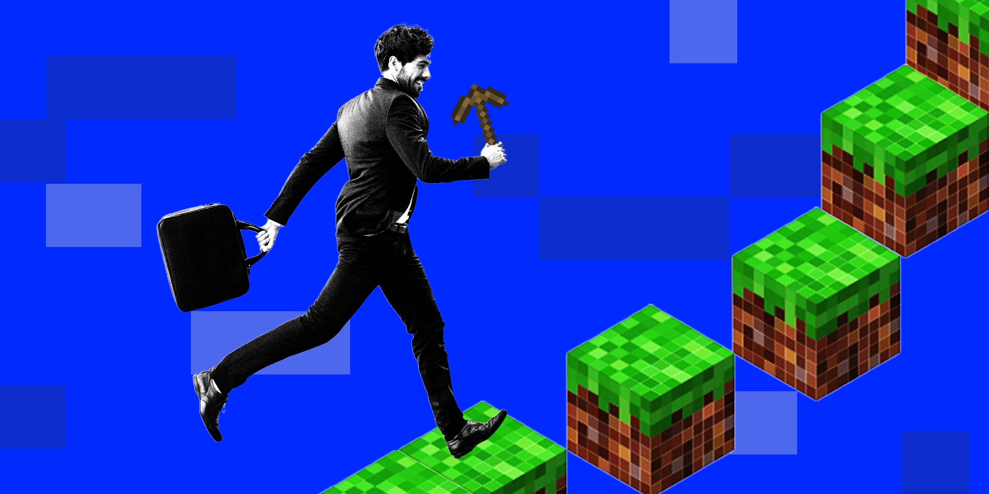 Business man jumping across minecraft blocks with a minecraft tool in hand on a blue background