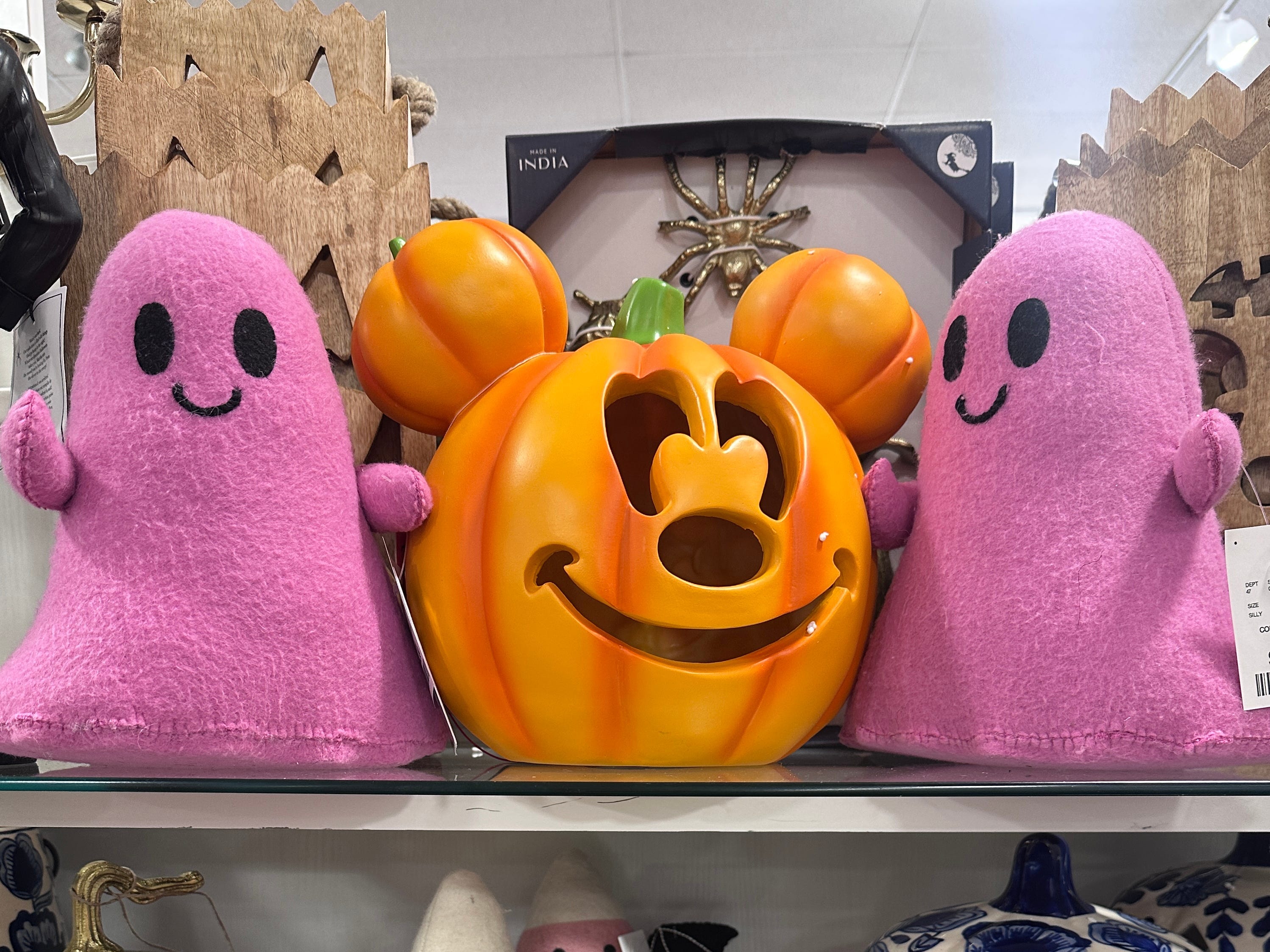pink ghosts and mickey pumpkin on store shelves
