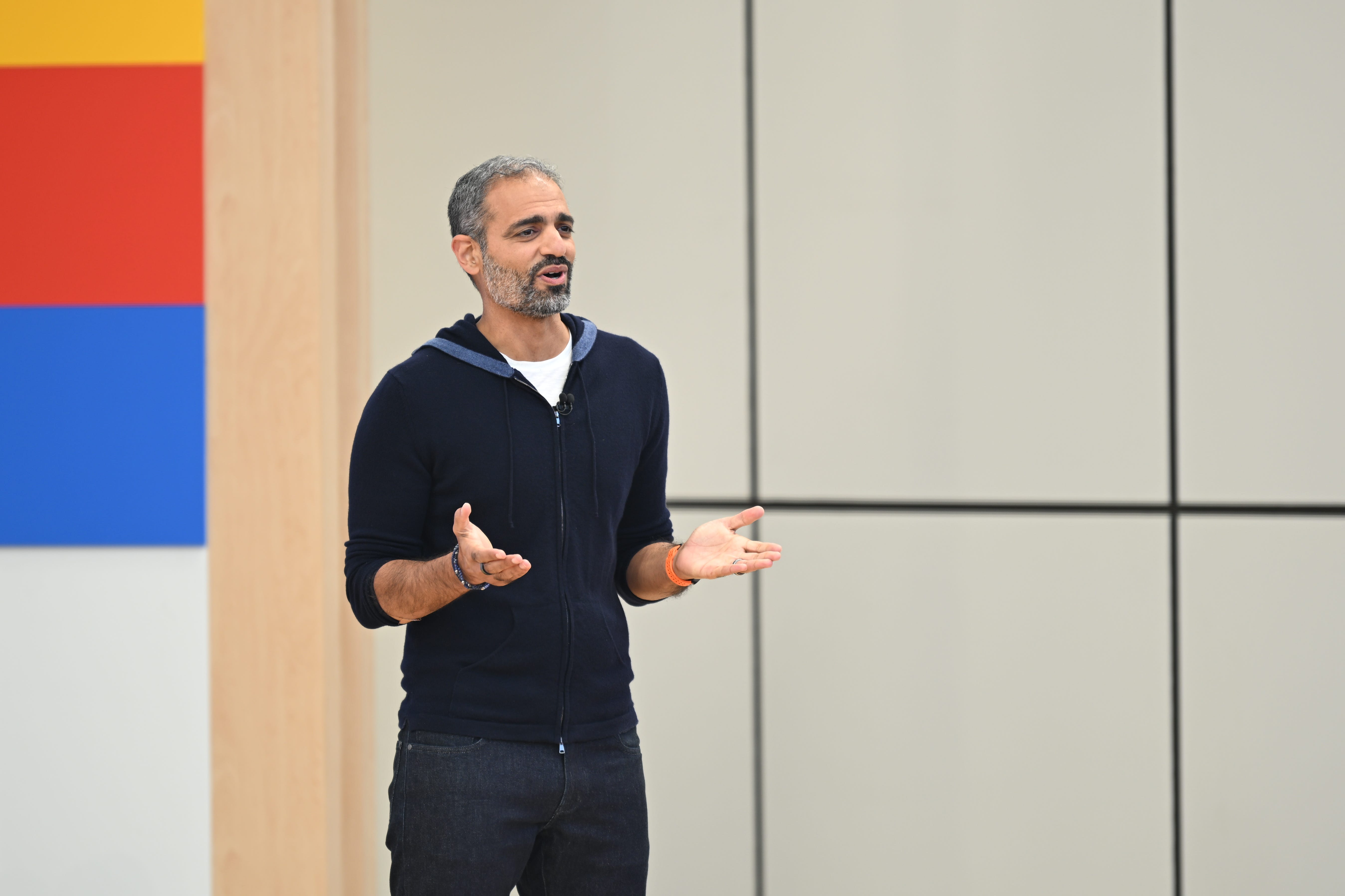 Sameer Samat, the head of Android, speaking on stage at a Google event.