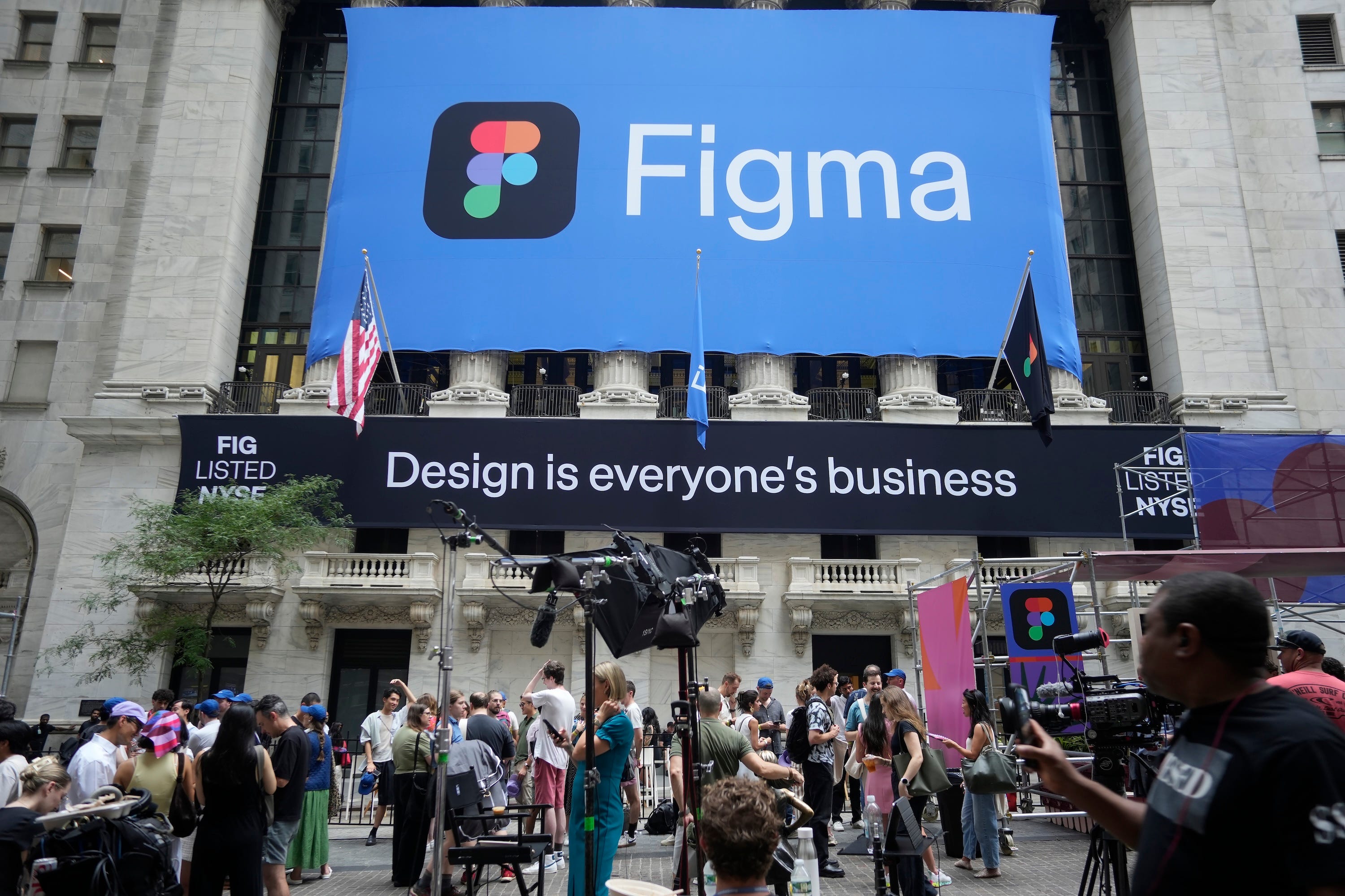 Hoopla in front of the New York Stock Exchange decorated for the initial public offering of the collaborative design application Figma, on Thursday, July 31, 2025.