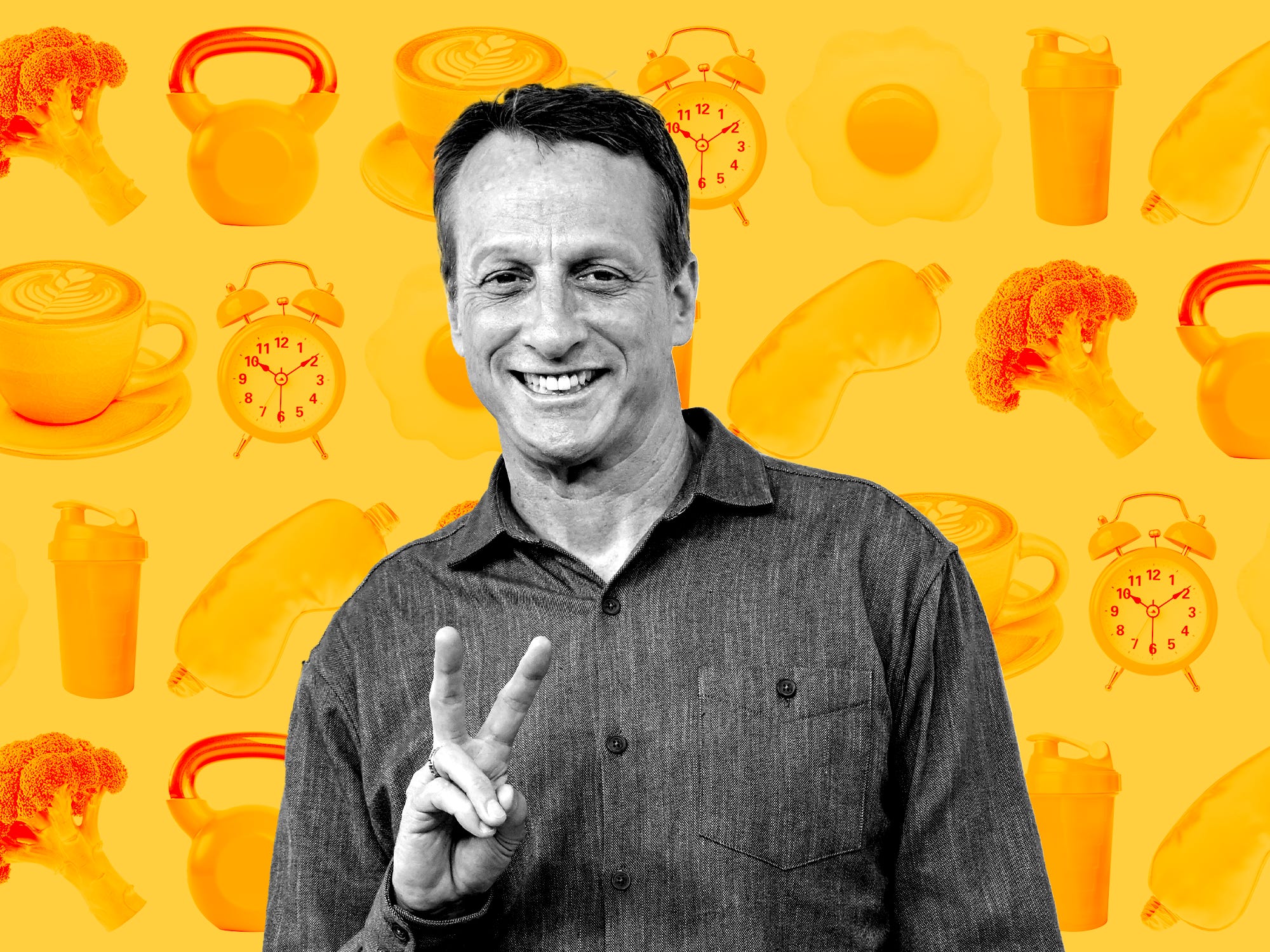 Headshot of Tony Hawk on a yellow background with icons of morning things such as eggs, alarm clock, weights, coffee, sleep mask