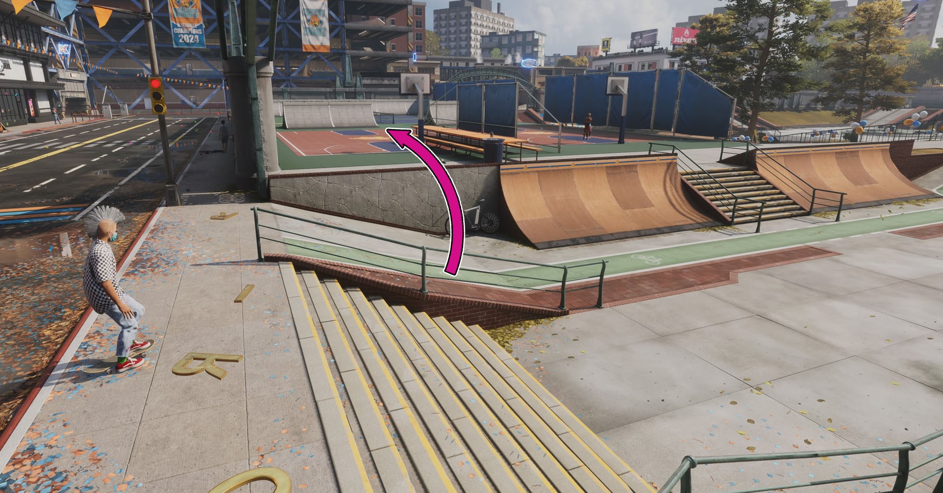 A Tony Hawk’s Pro Skater 4 screenshot showing a character facing a skate part and an pink arrow showing a specific section of the map.