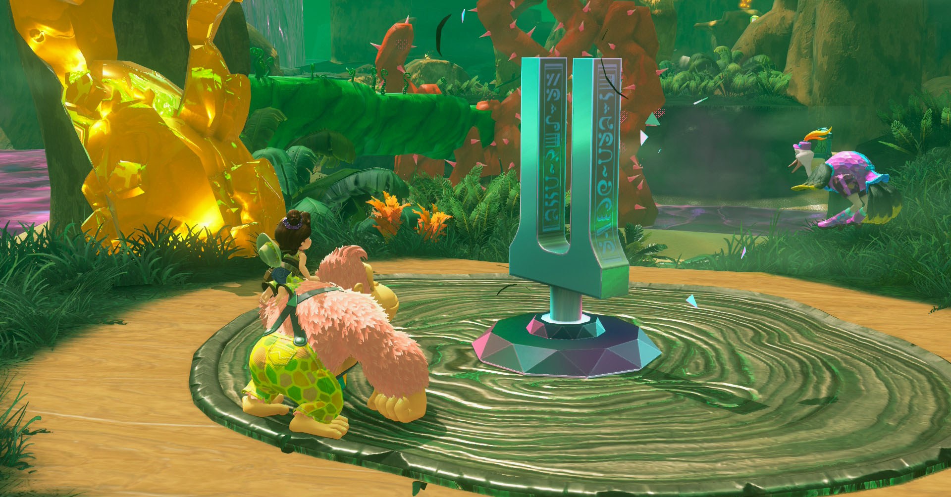 A Donkey Kong Bananza screenshot showing DK and Pauline looking at a tuning fork which works as a checkpoint and teleport point in the game.