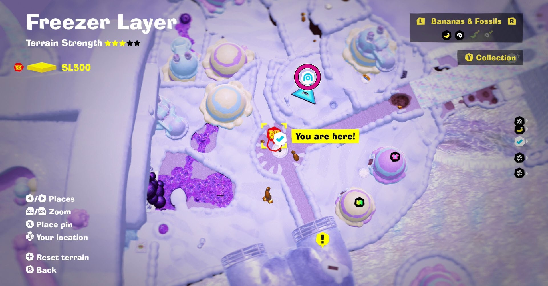 A Donkey Kong Bananza screenshot showing the map of an area in Freezer Layer and the icon of the Warp Gong.