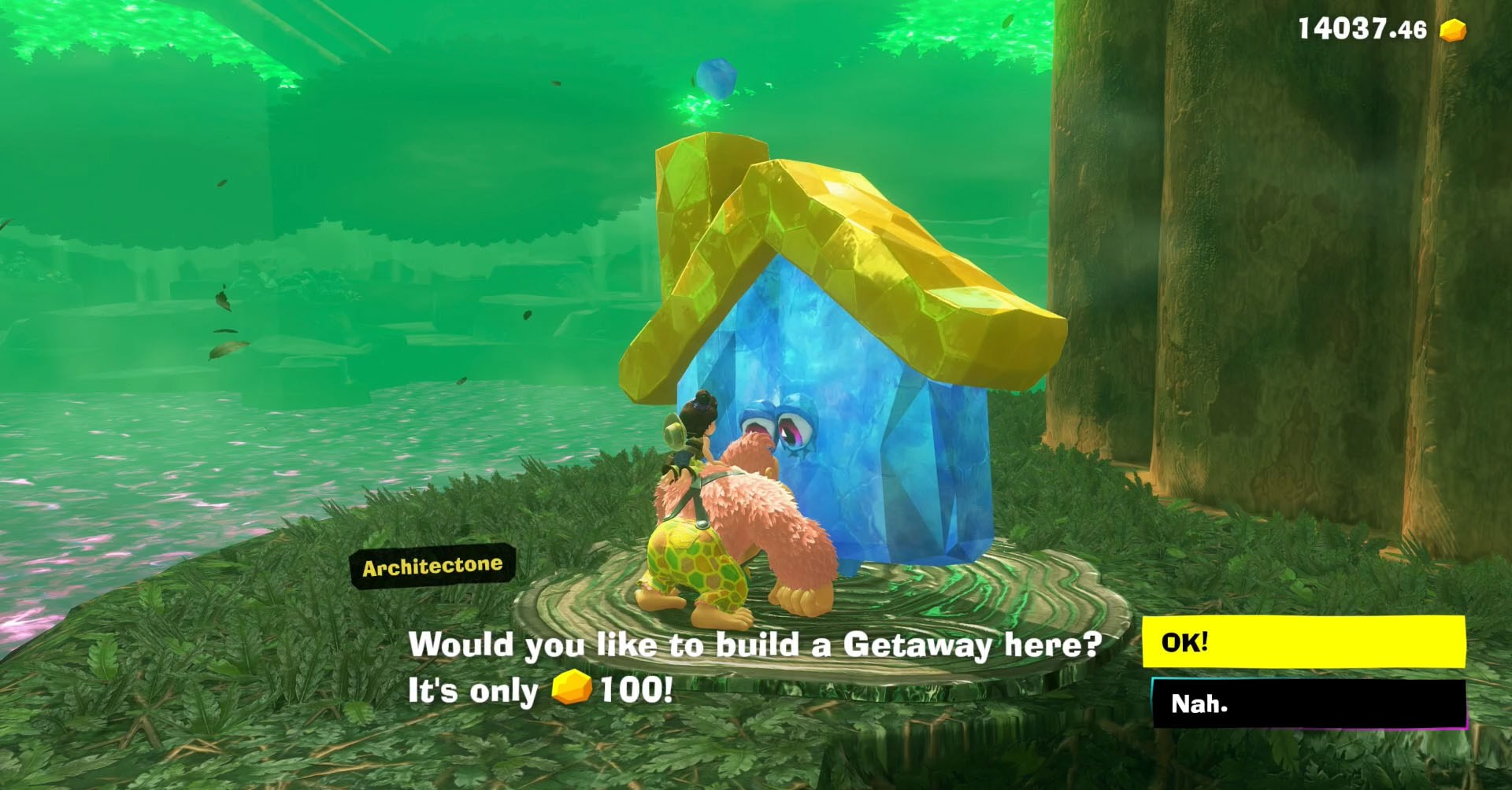 A Donkey Kong Bananza screenshot showing DK and Pauline talking to a Architectone, a NPC who builds Getaways if you pay gold to them.