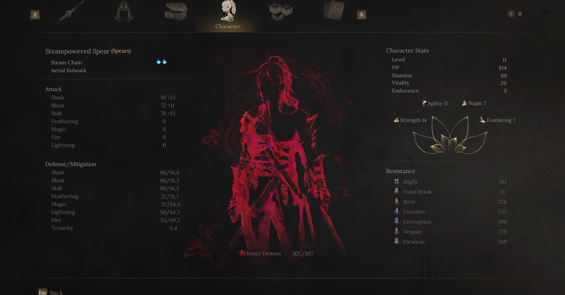 A Wuchang: Fallen Feathers screenshot showing the character menu. In it, you can see the silhouette  of Wuchang in red, representing the level of Madness she is. There are some stats described in other sections of the screen, like Attack, Defense, Resistance, and other stats.