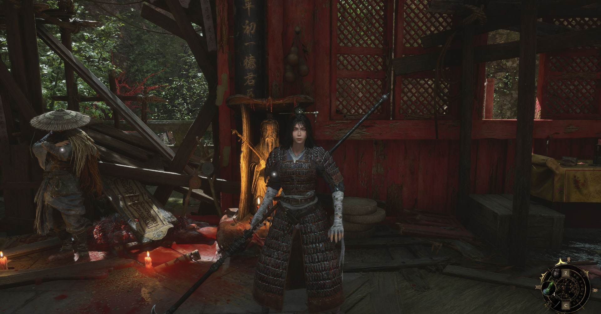 A Wuchang: Fallen Feathers screenshot showing the main character, Wuchang, facing the camera with red glowing eyes. She is beside a shrine. 