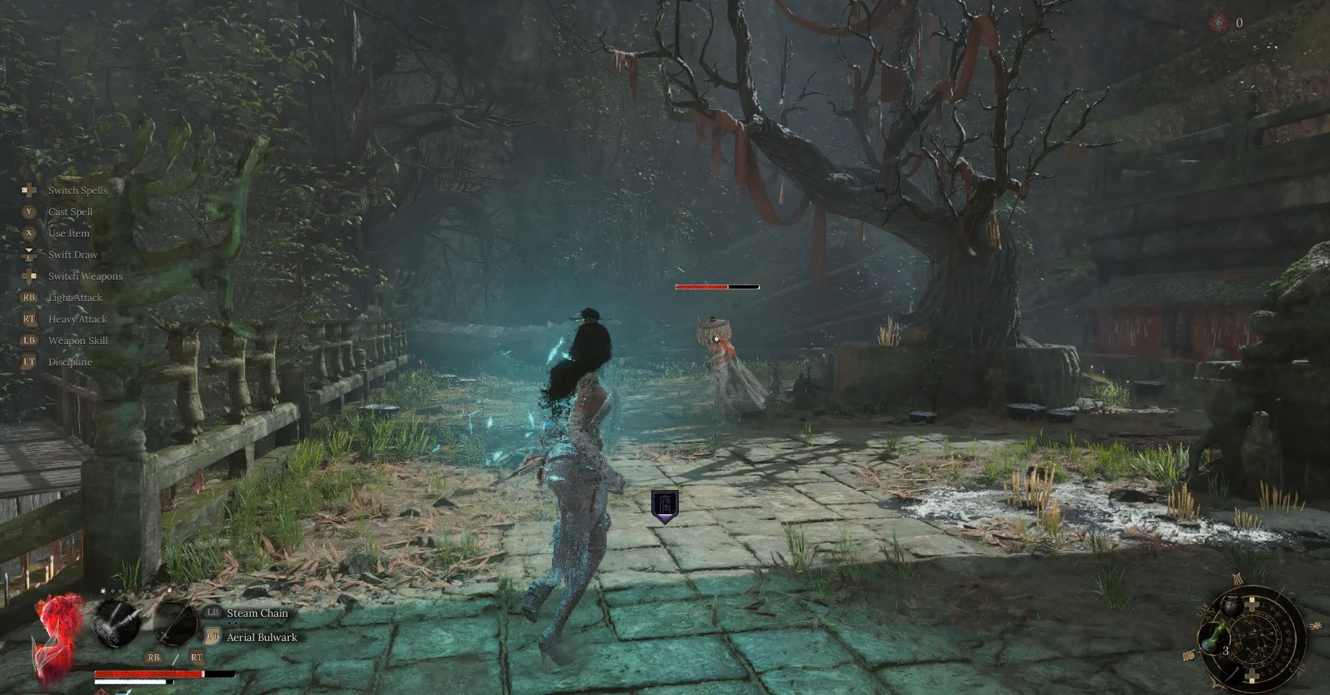 A Wuchang: Fallen Feathers screenshot showing the main character facing a humanoid figure wearing some white clothes. 