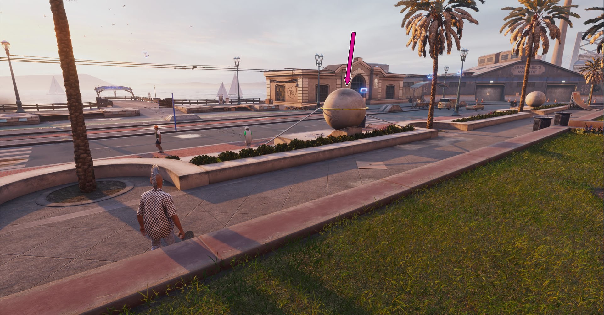 A Tony Hawk’s Pro Skater 4 screenshot showing a character next to a boulder which players need to use to complete the Save the Painter Neal!!! goal.