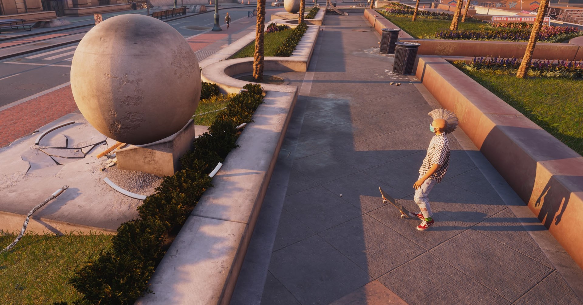 A Tony Hawk’s Pro Skater 4 screenshot showing a characterfacing a boulder in the Los Angeles level.