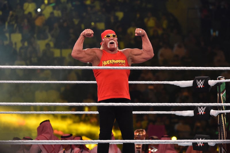 Wrestling legend Hulk Hogan greets the crowd during the World Wrestling Entertainment (WWE) Crown Jewel pay-per-view at the King Saud University Stadium in Riyadh on November 2, 2018. (Photo by Fayez Nureldine / AFP) (Photo by FAYEZ NURELDINE/AFP via Getty Images)