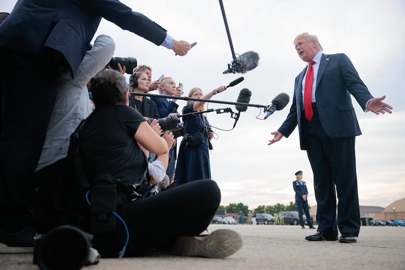 JOINT BASE ANDREWS, MARYLAND - JULY 13: U.S. President Donald Trump talks to reporters after returning to Washington after attending the FIFA Club World Cup on July 13, 2025 at Joint Base Andrews, Maryland. This is the first time that the U.S. has hosted the the FIFA CWC competition, one year before the U.S., Mexico and Canada are scheduled to host the World Cup in 2026. (Photo by Chip Somodevilla/Getty Images)
