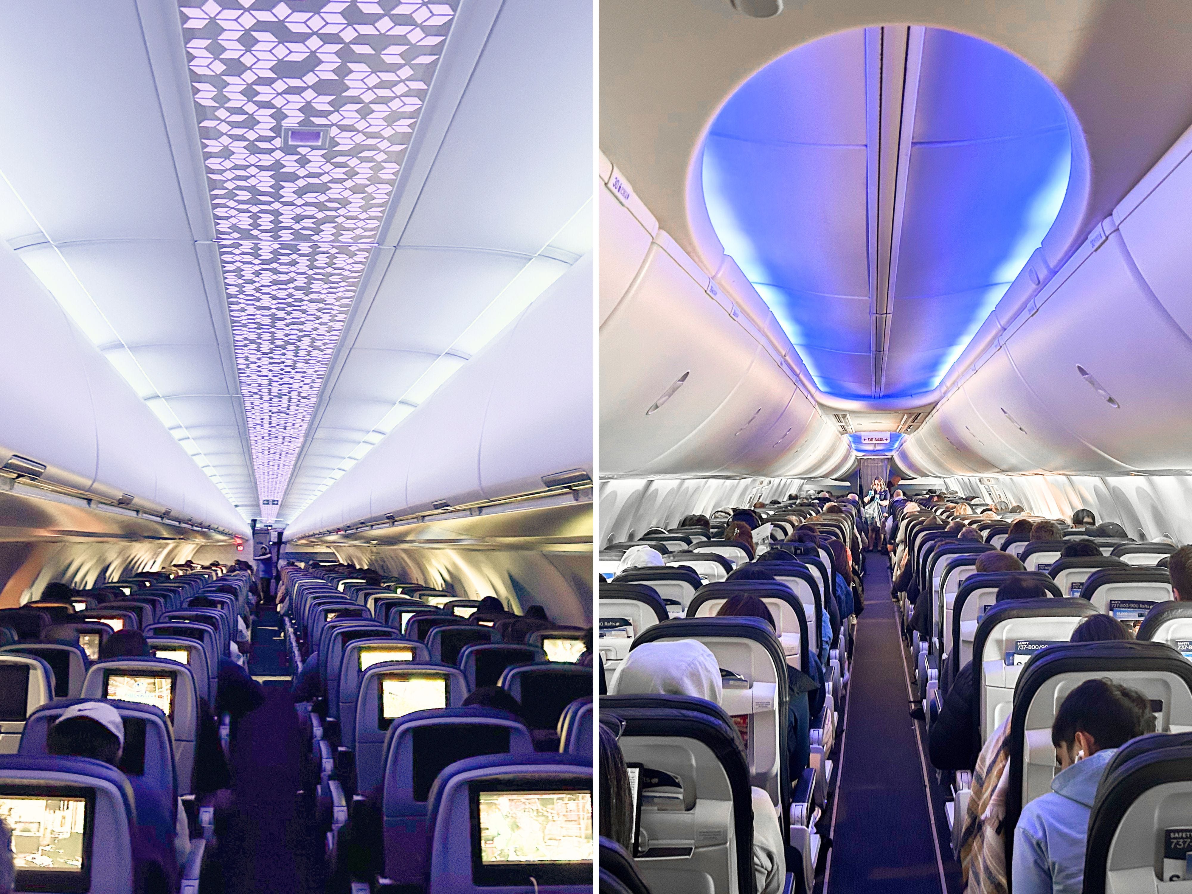 A composite image of two economy plane cabins