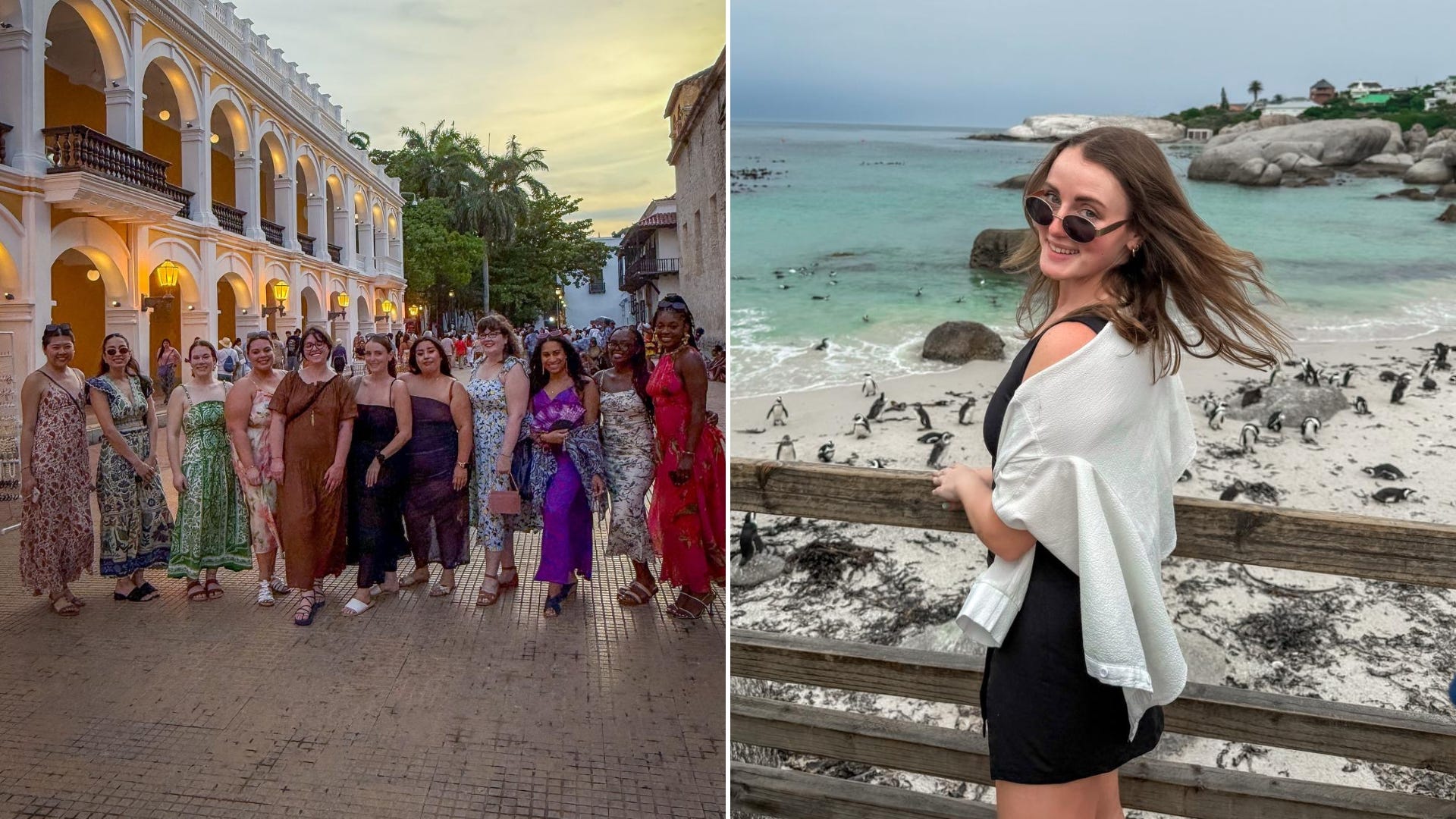 Meredith Pierce with group of women side by side a solo image of her at a beach with penguins.