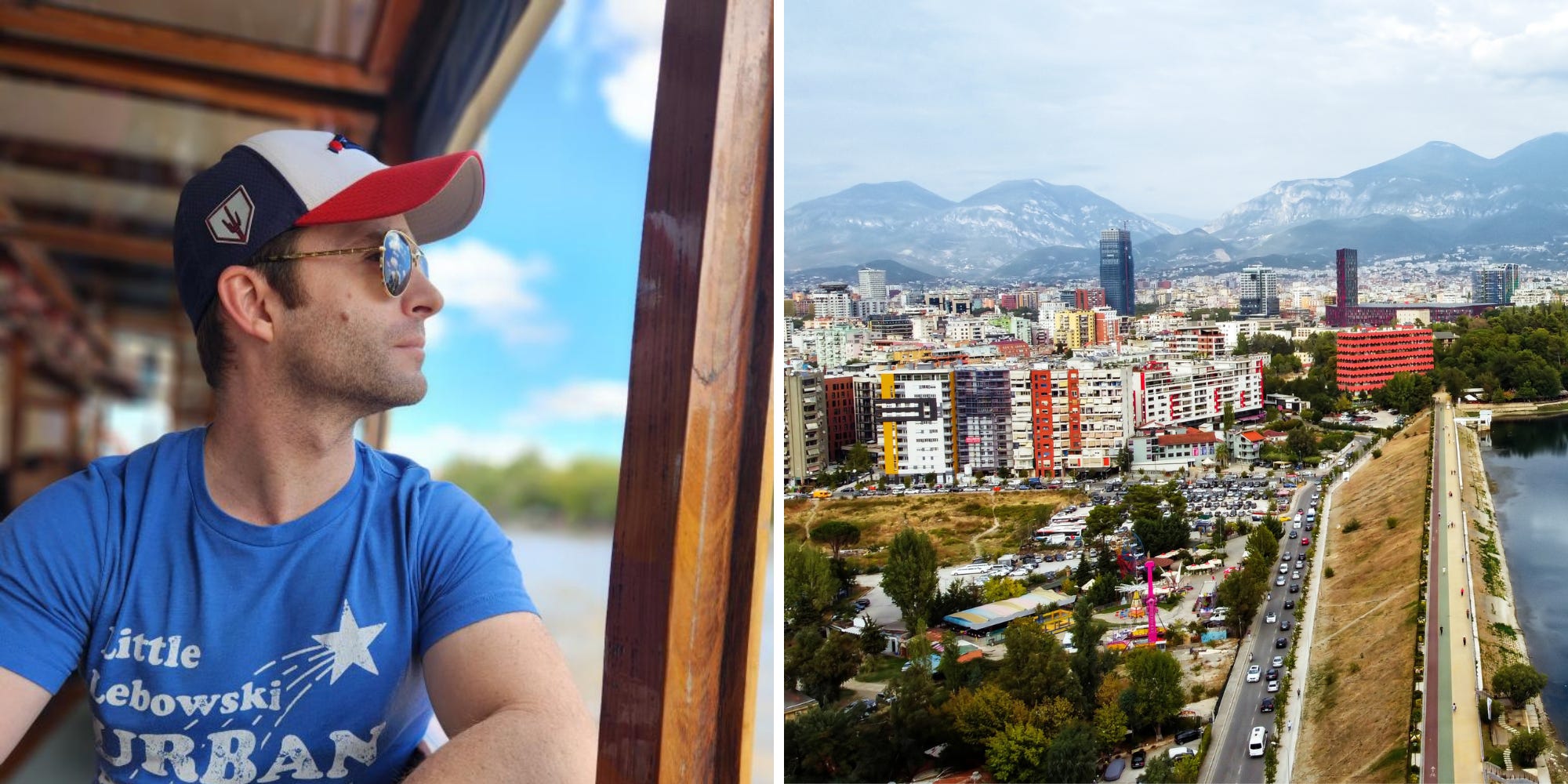Left: Greyson Ferguson. Right: An aerial view of Tirana, Albania