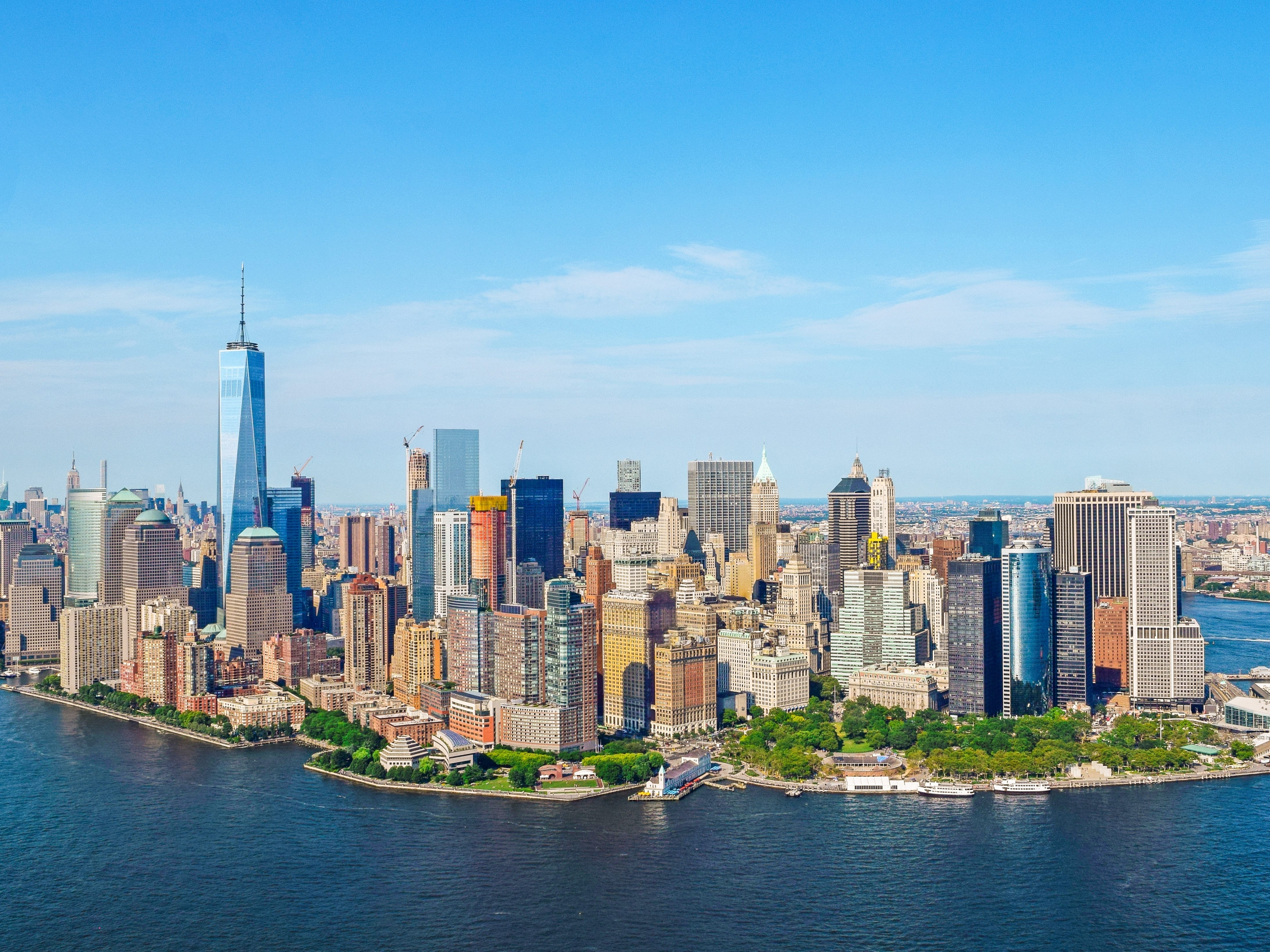 A wide shot of the skyline of lower Manhattan.