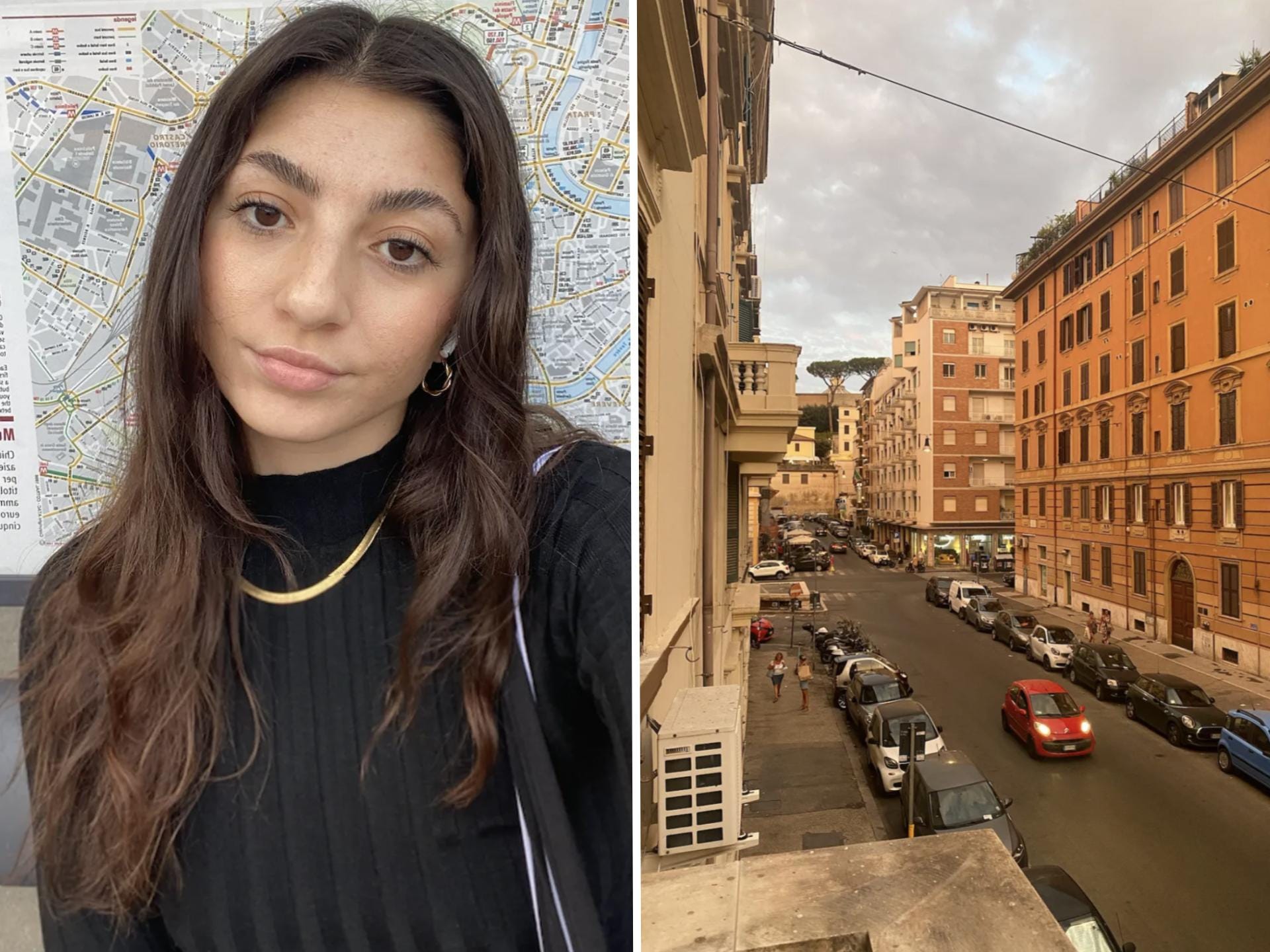 Split Image: A selfie of the author, and the view outside her old apartment in Rome at sunset.