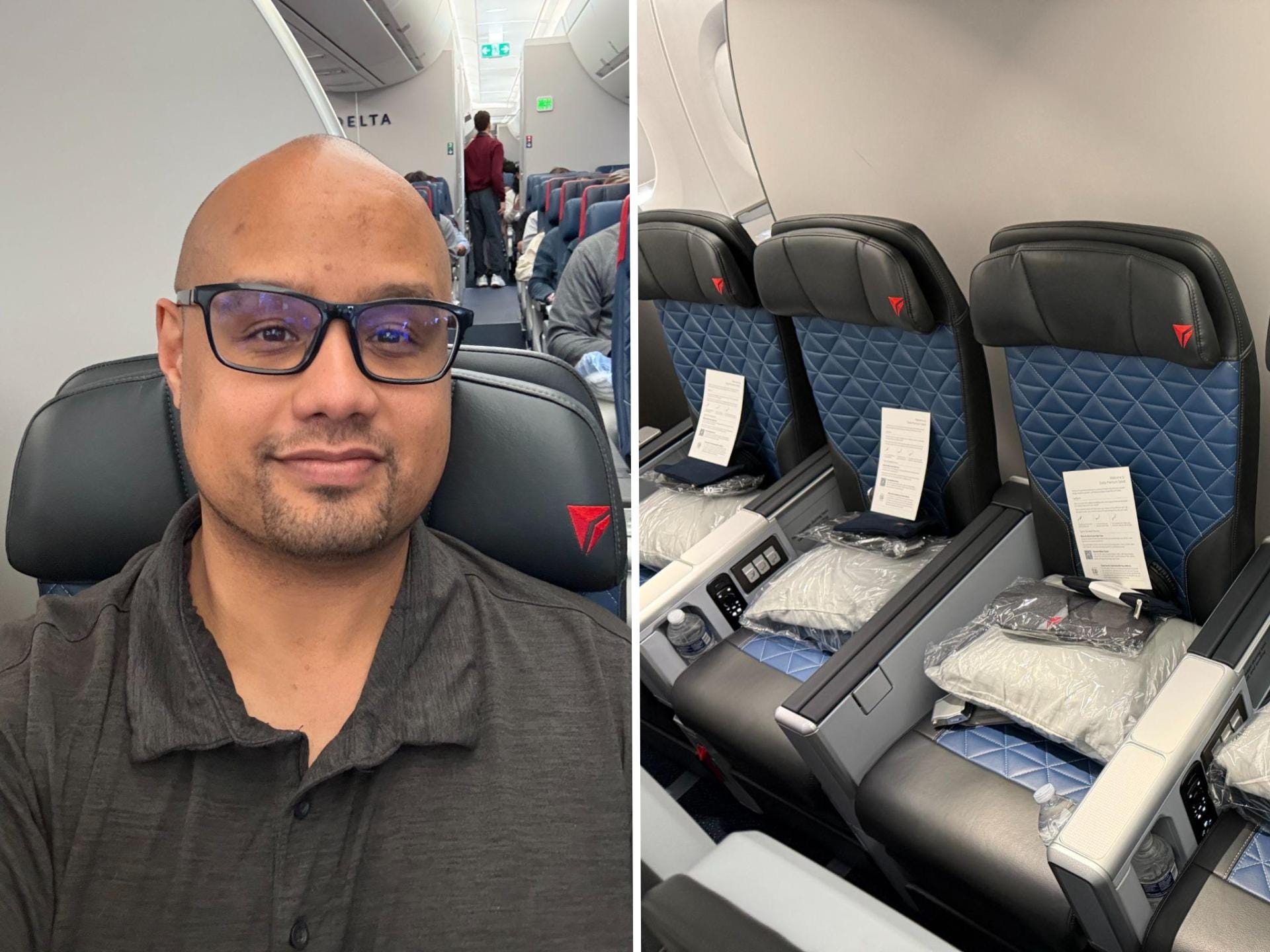 Split Image: A selfie of the author in his Delta Premium Select seat, and a row of empty Delta Premium Select seats.
