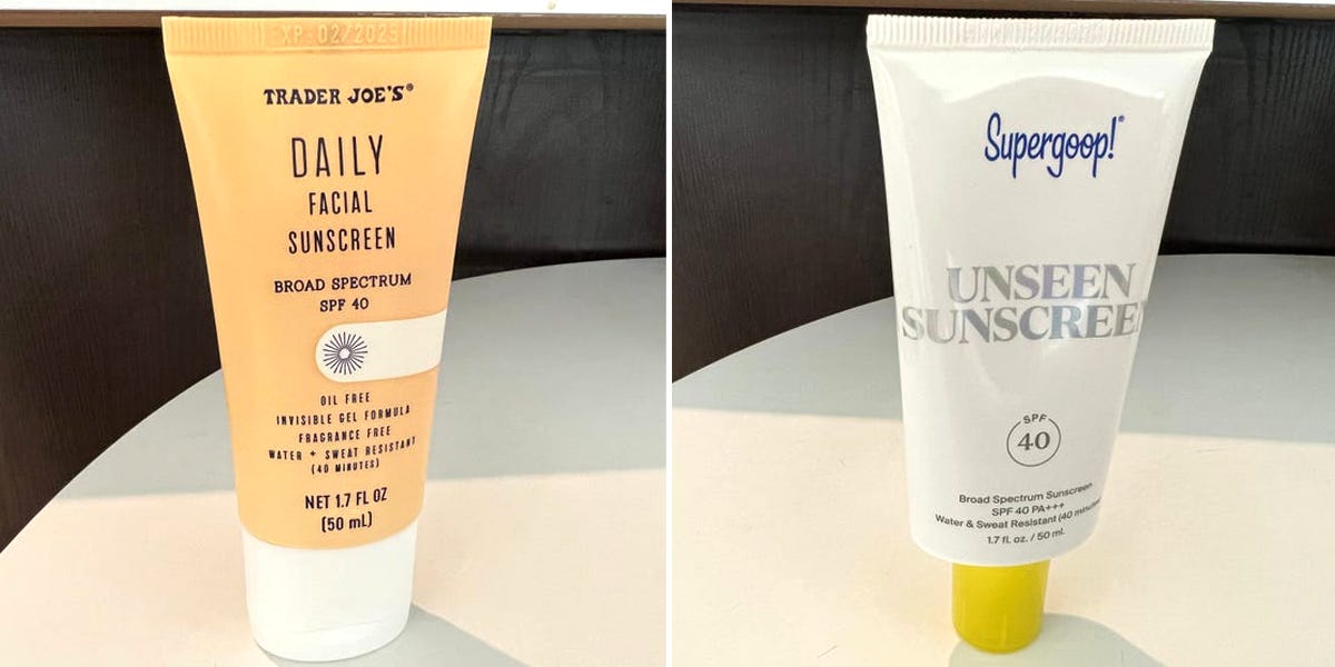 Side by side composite of bottle of trader joes daily facial sunscreen and bottle of supergoop unseen sunscreen