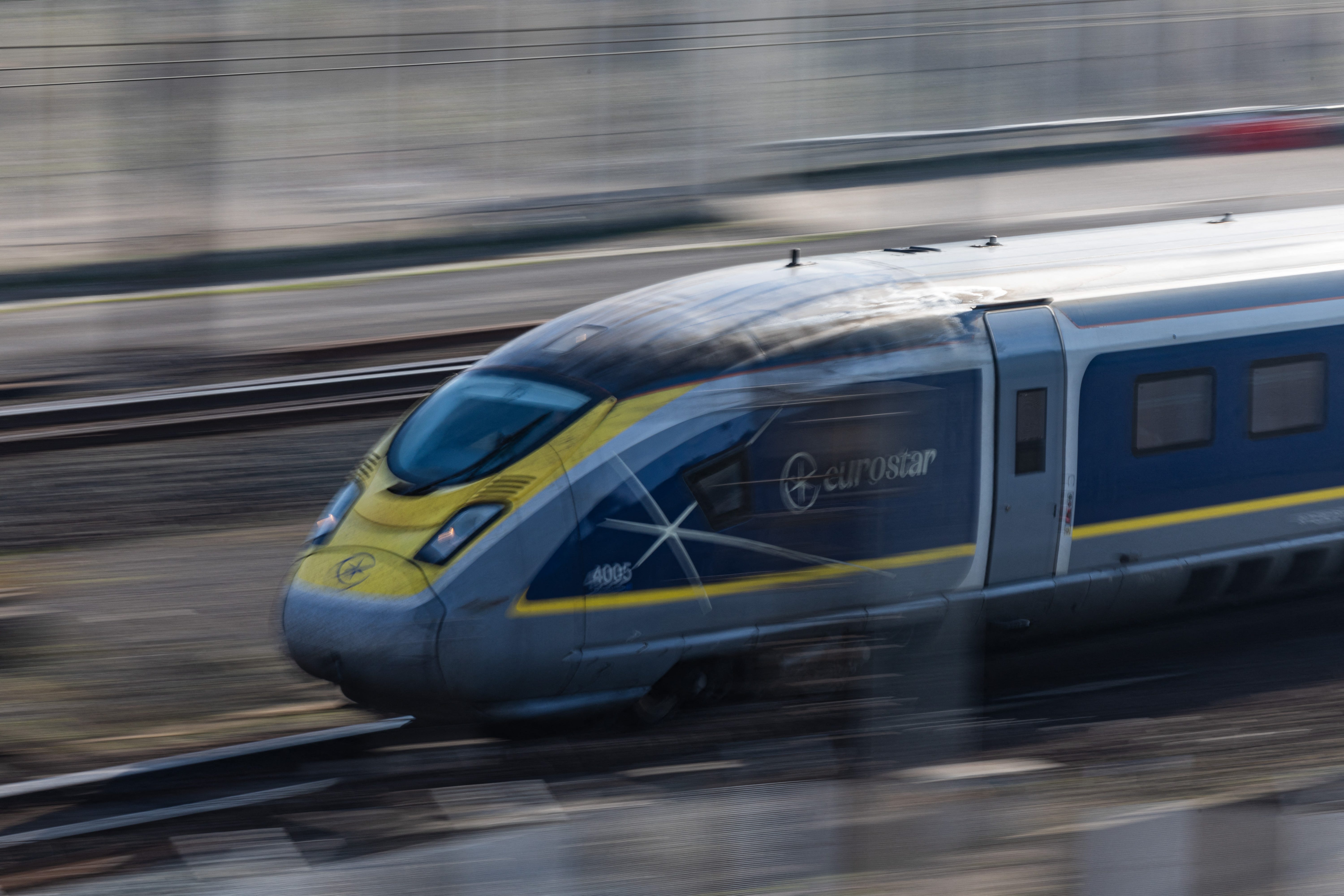 A Eurostar passenger train arrives to enter the Channel Tunnel, operated by the company Eurotunnel, in Coquelles, northern France, on April 4, 2025.