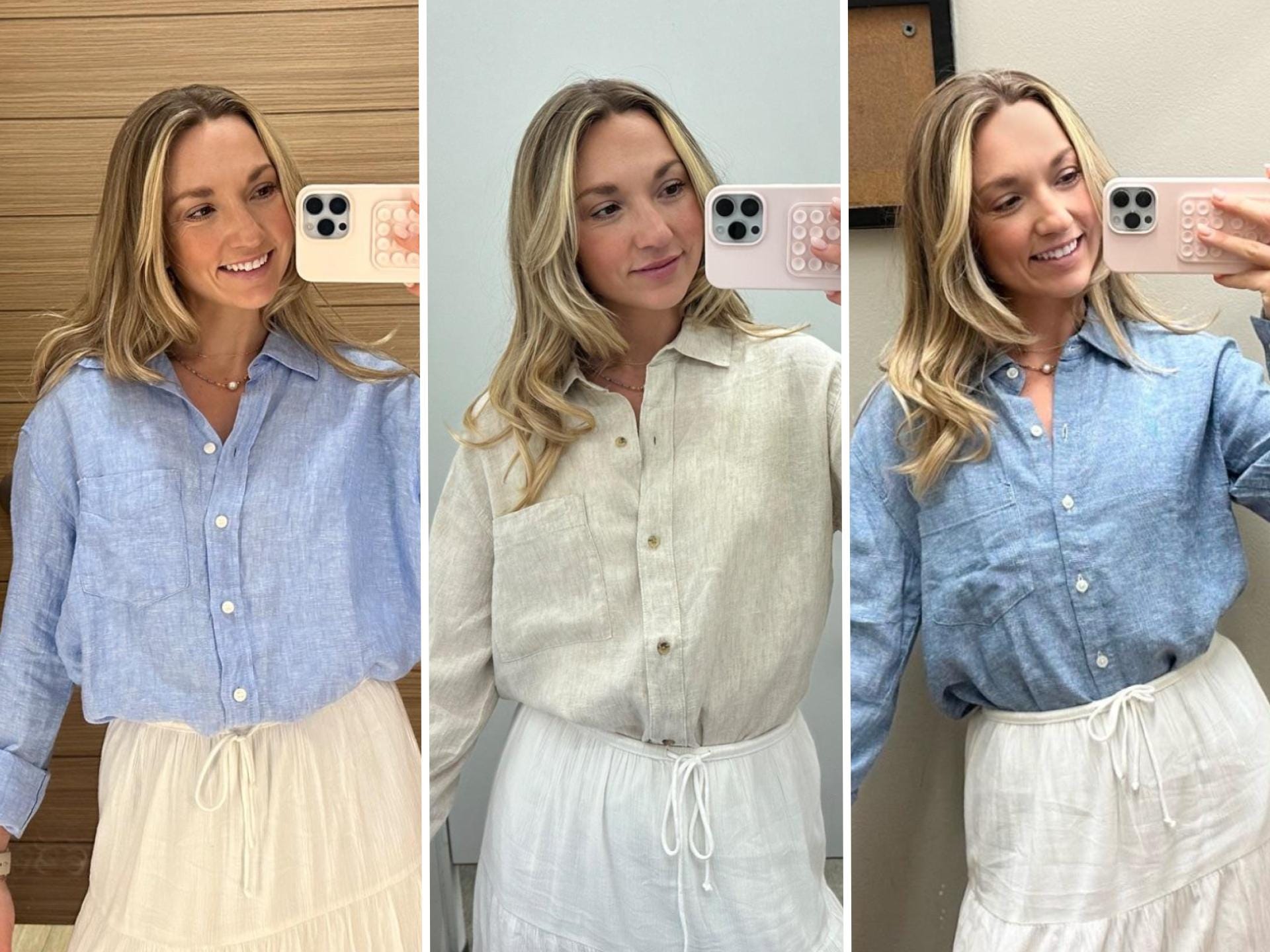 Chloe wearing a blue button-down from Gap, a beige button-down from Old Navy, and a blue button-down from Banana Republic.