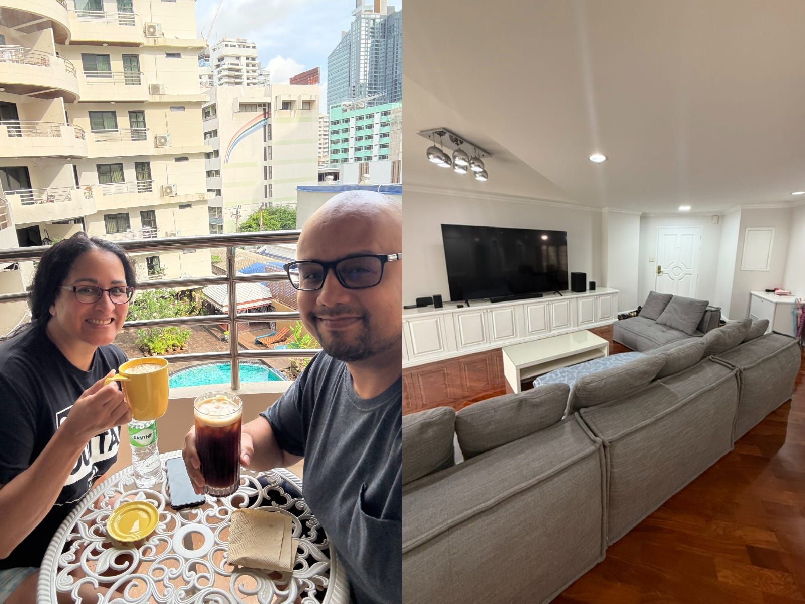 Kimanzi Constable and his wife on the balcony next to an image of their living room in bangkok