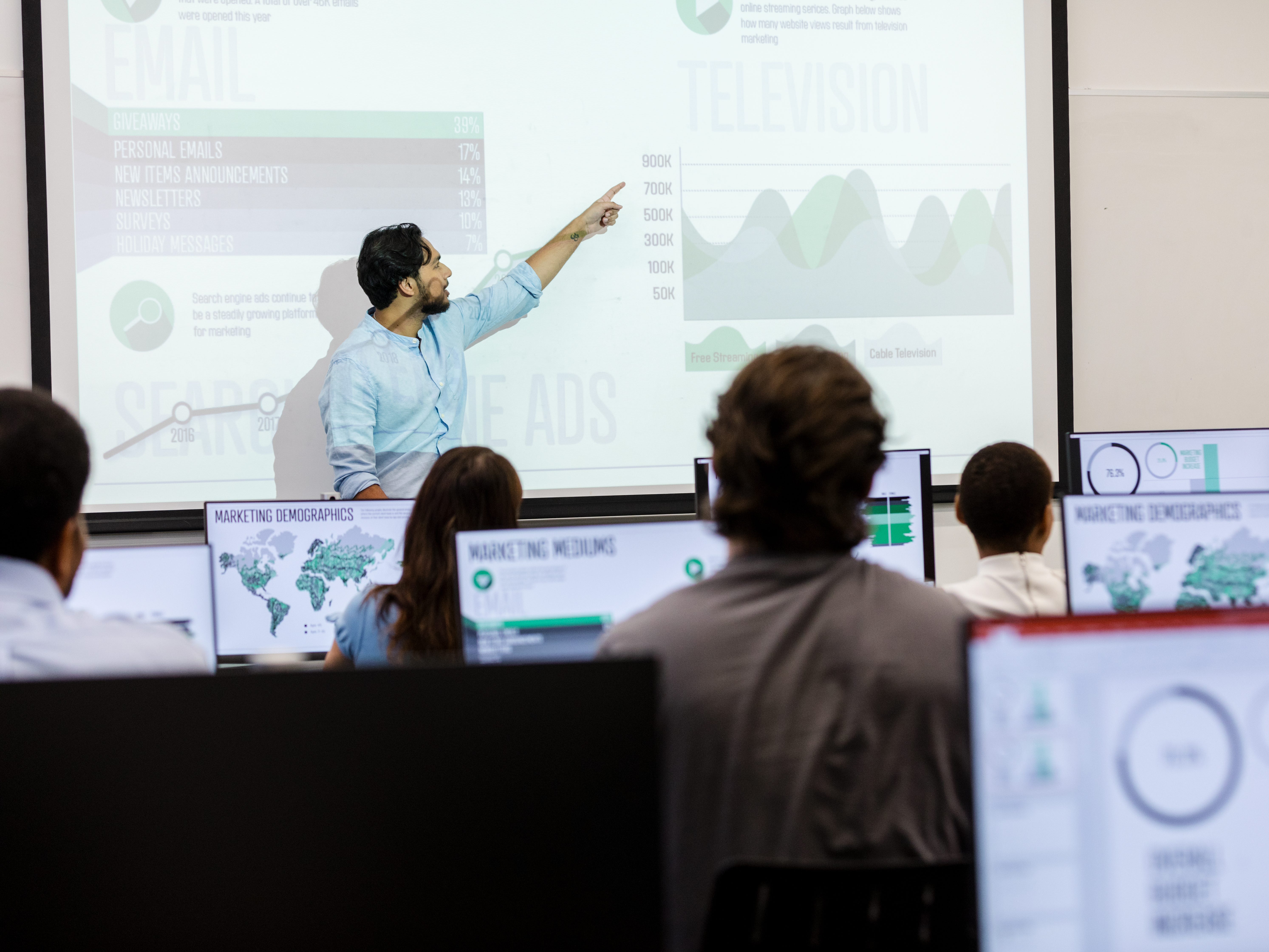 a college classroom with a professor pointing at the screen
