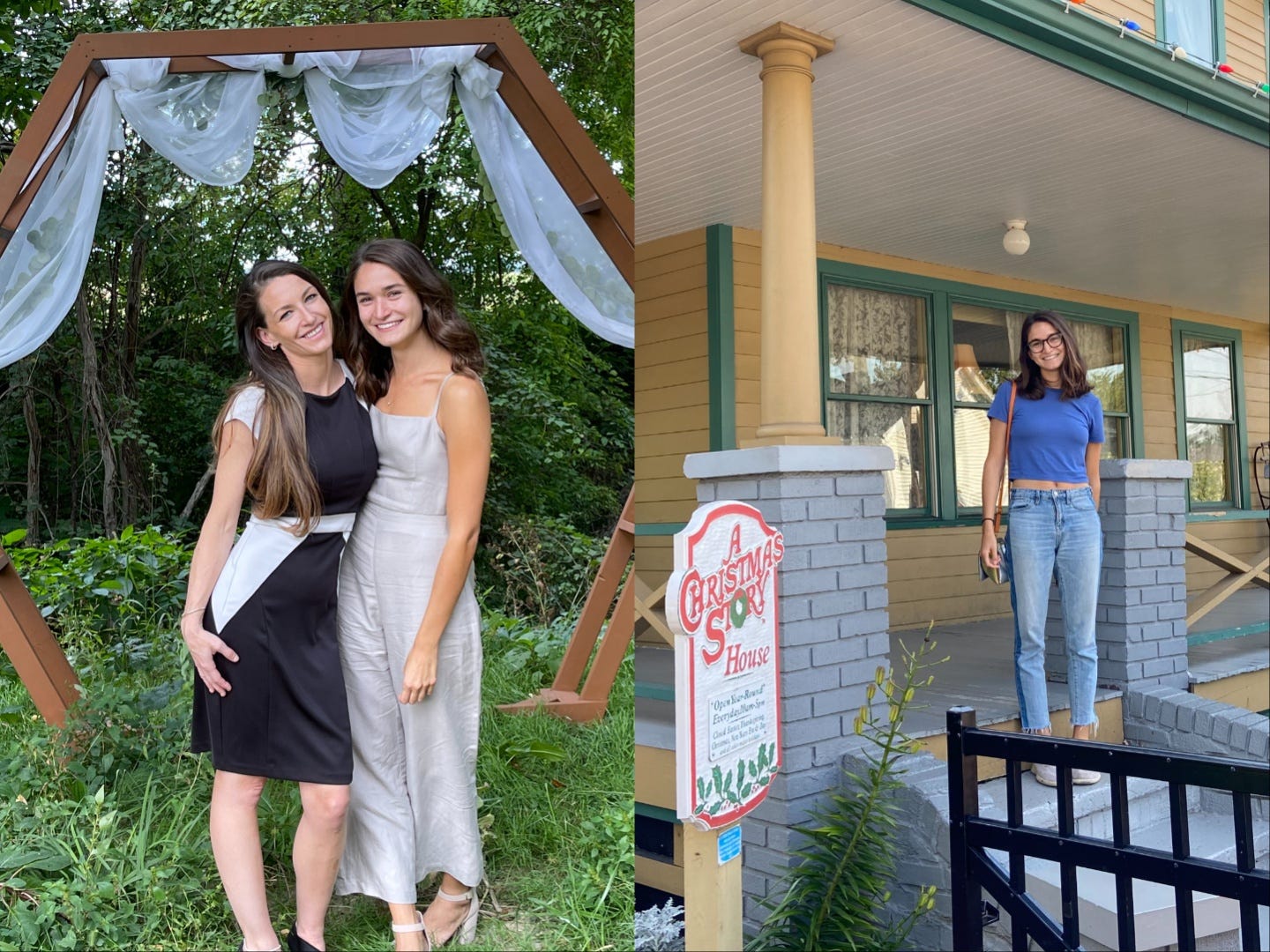 On the left, Anna and her friend posing in front of a decorative arch at a wedding. On the right, Anna posing on the porch of the house featured in "A Christmas Story."