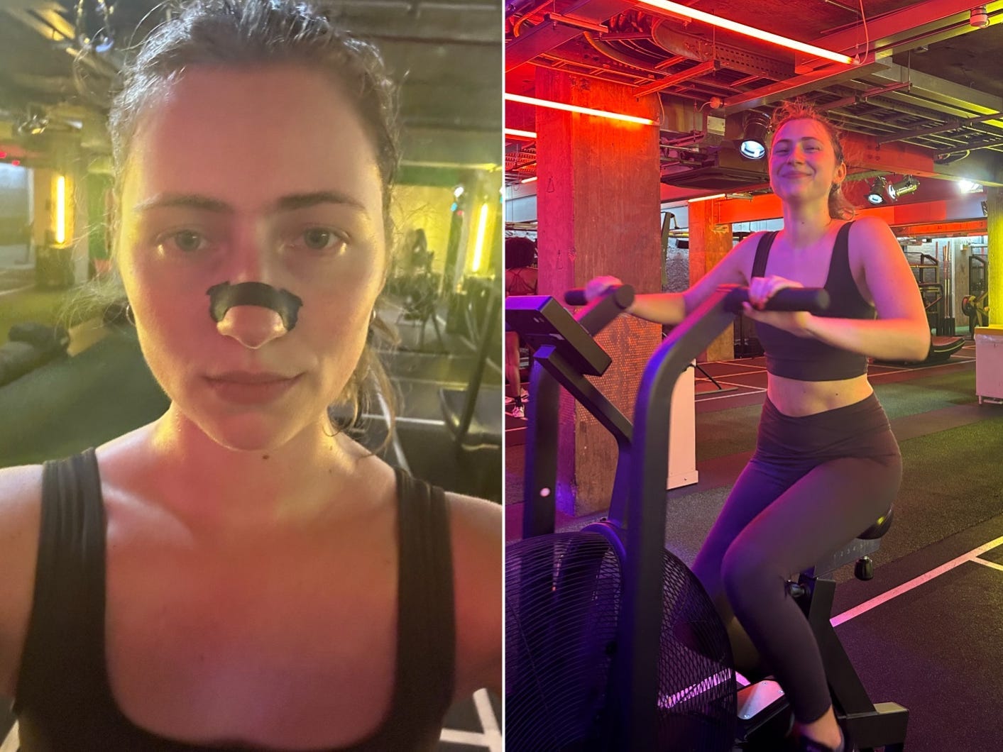 A composite image. On the left, a woman wears a black nasal strip. On the right, a woman smiles while using an assault bike.