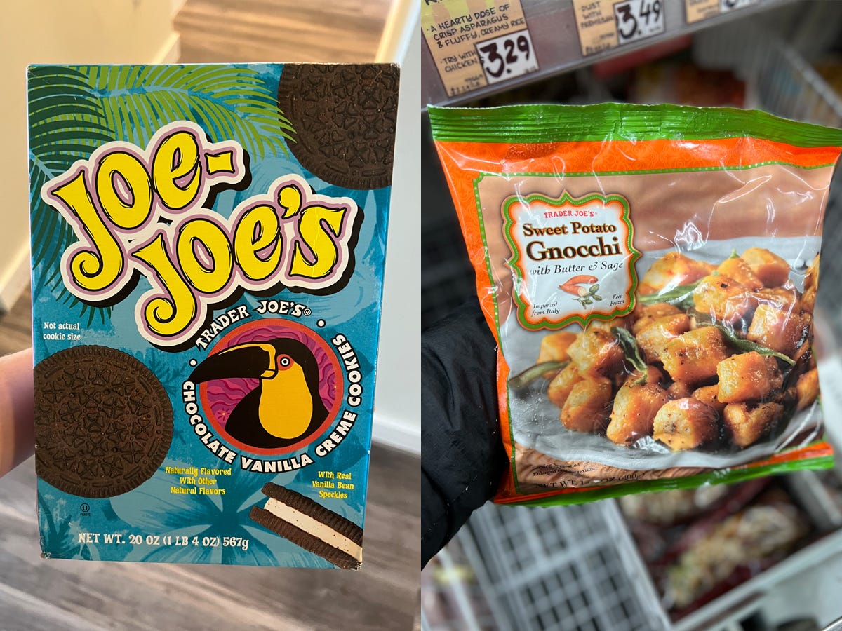 The writer holds a box of Joe-Joe's and the writer holds a package of sweet-potato gnocchi