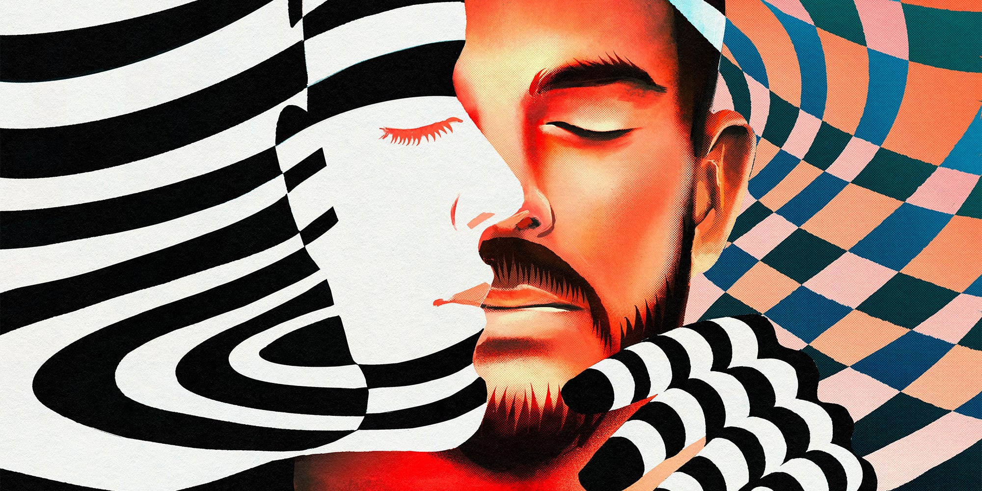 A person during a mushroom trip being overlaid by a side profile of another figure