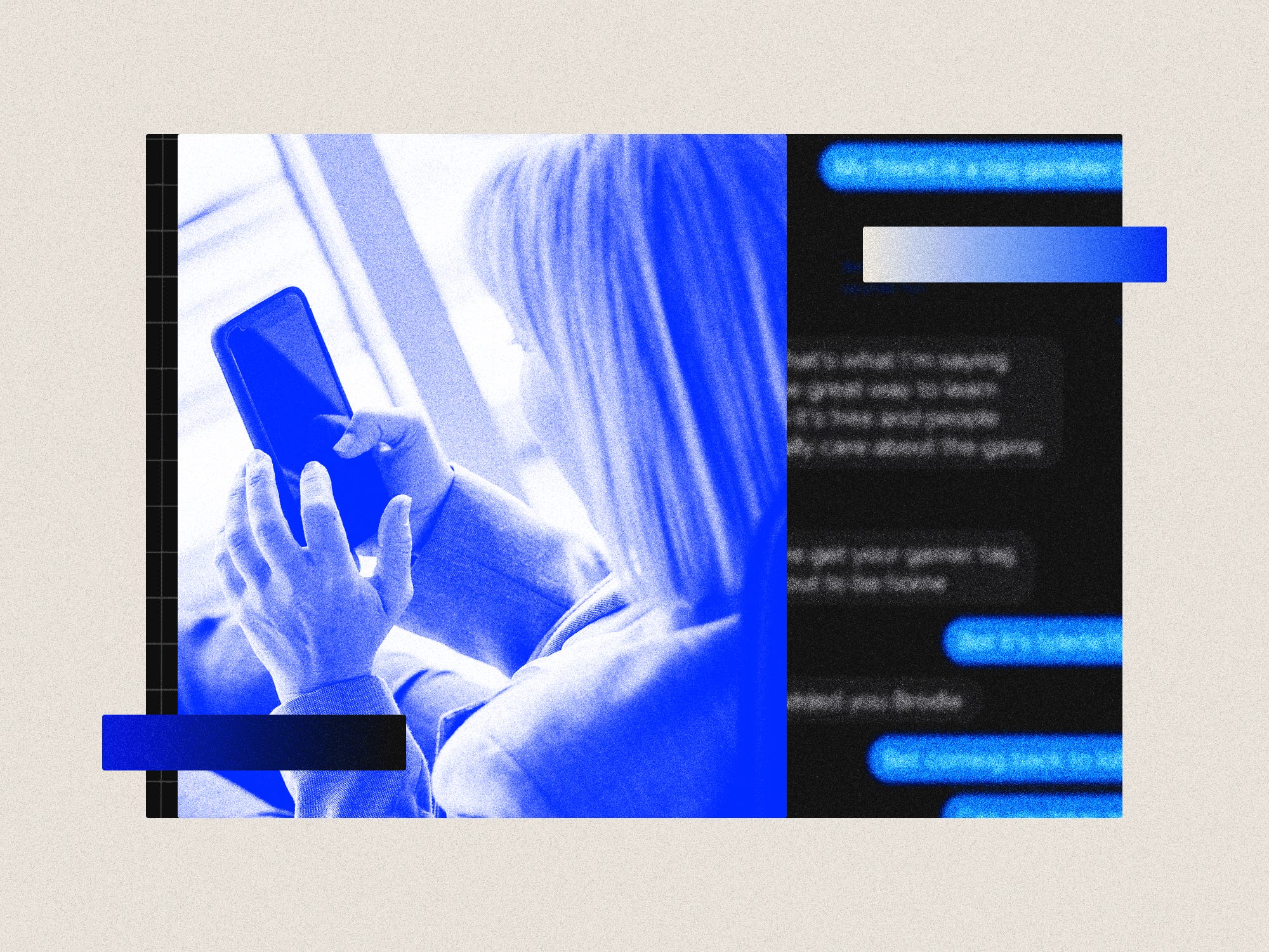 A photo collage of a woman texting on a cellphone and a screenshot of text messages.