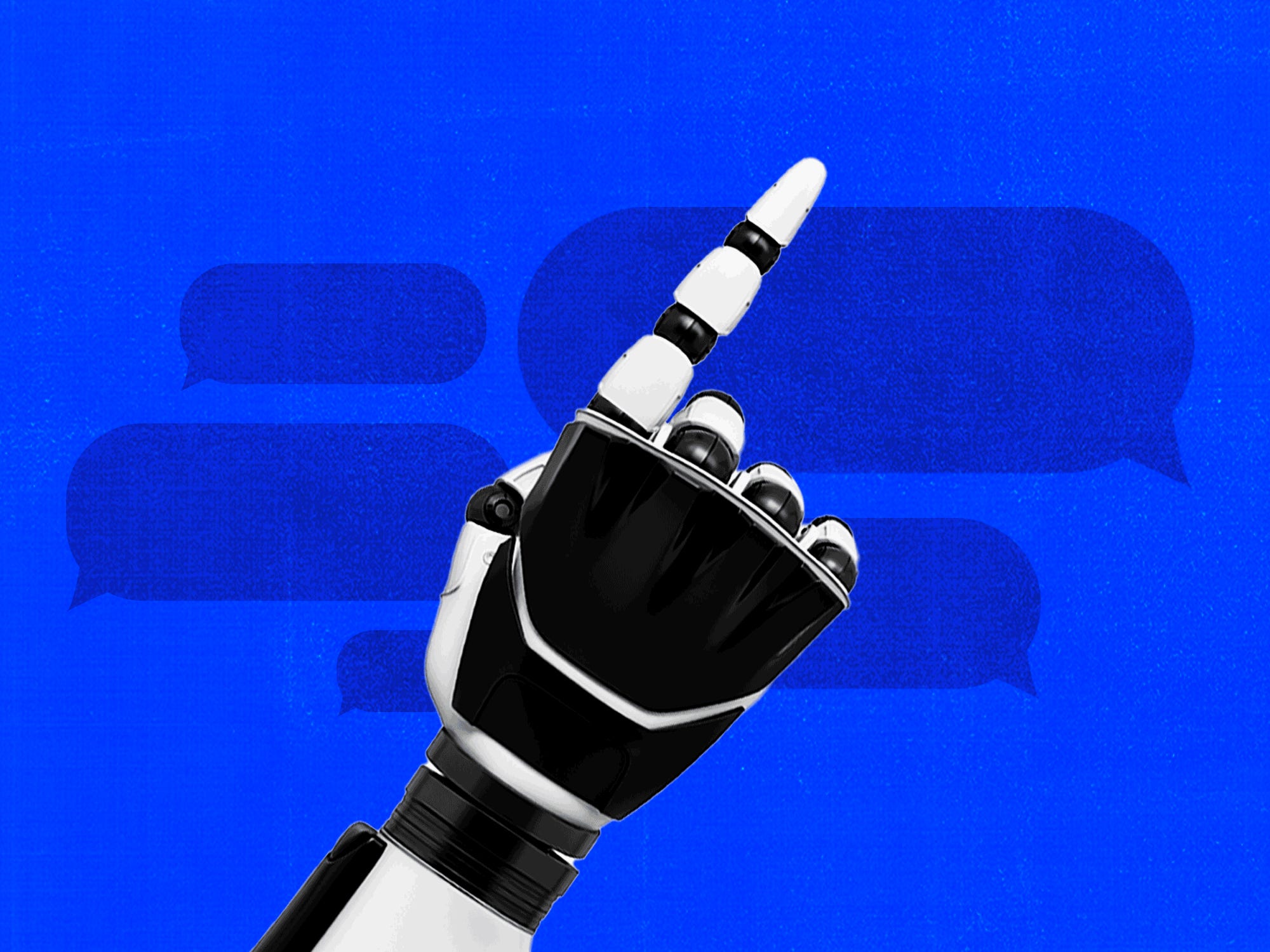 Gif of robot hand shaking finger and then disappears on a blue background with text bubbles
