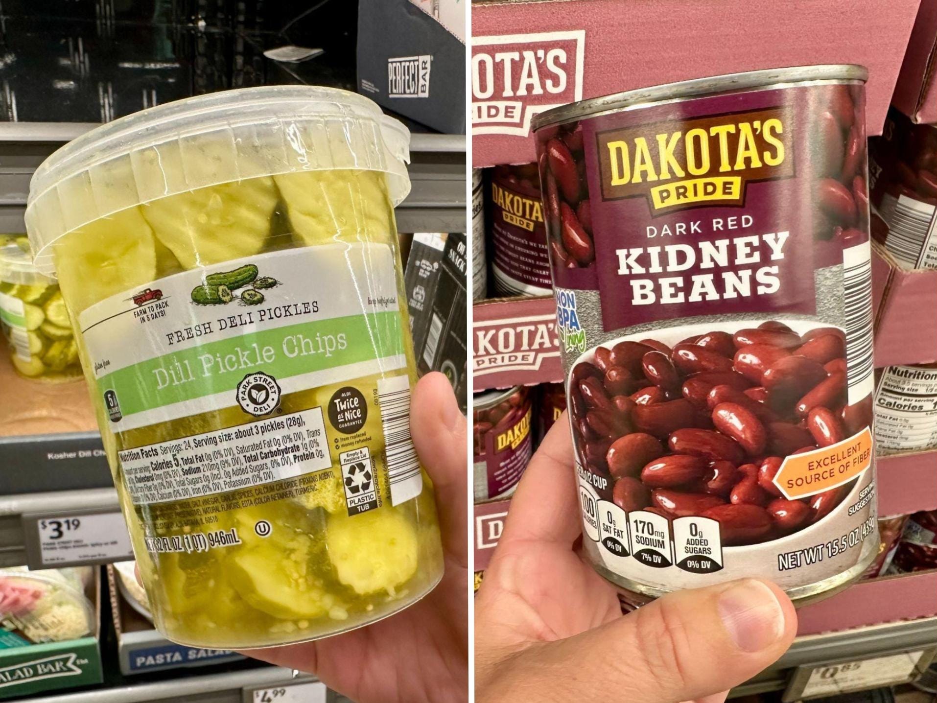 A composite image of a hand holding a container of dill pickle chips and a hand holding a can of Dakota's Pride dark red kidney beans.