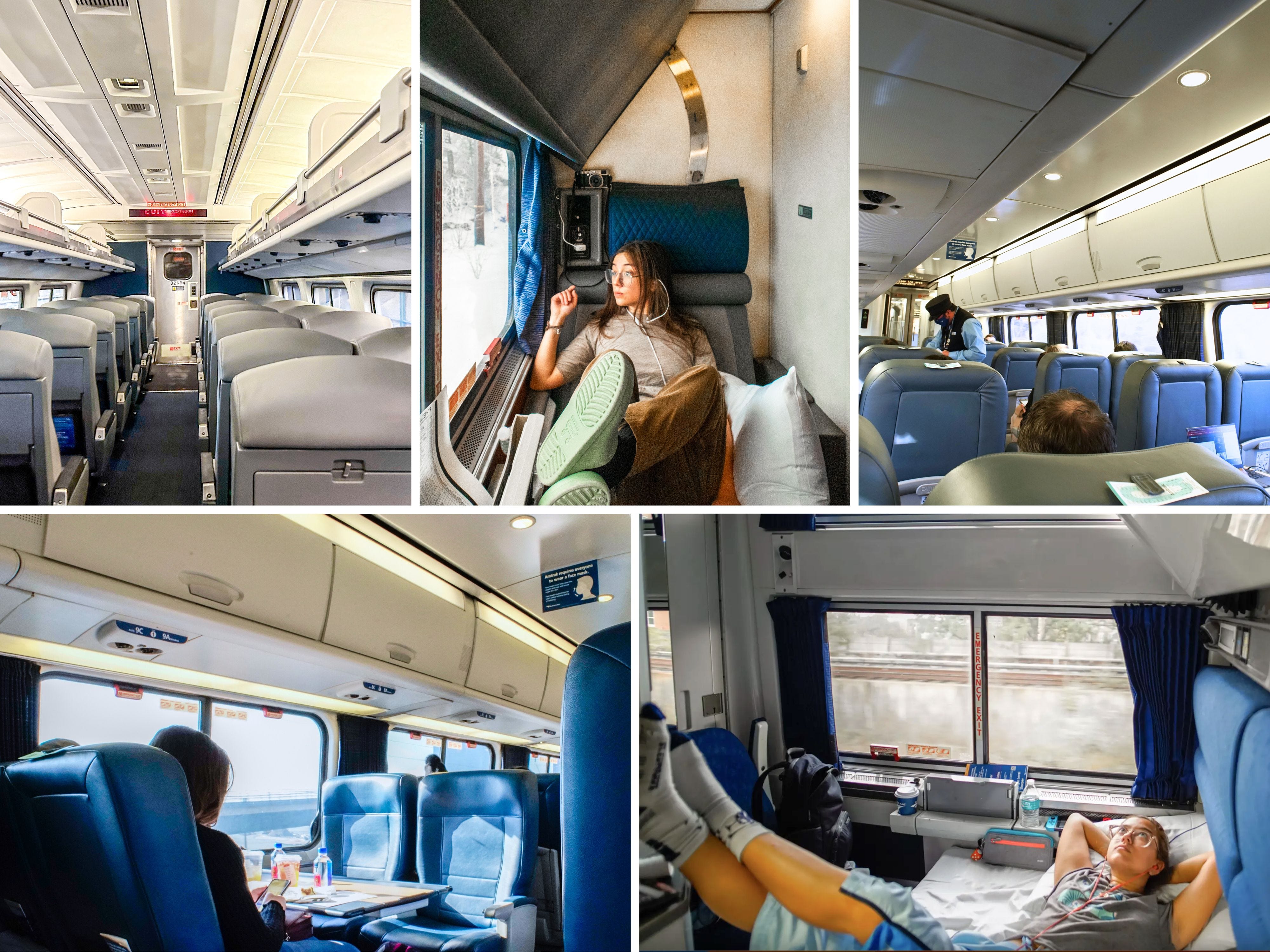 A collage of five images of different Amtrak seating types