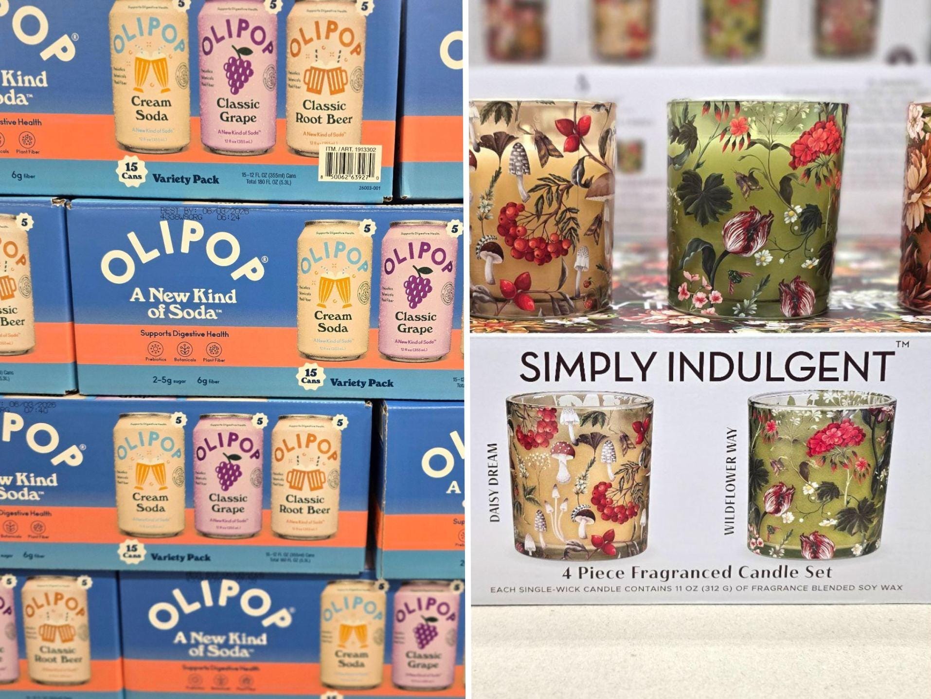 A composite image of boxes of Olipop prebiotic soda and a pack of floral candles on top of the box the products come in.