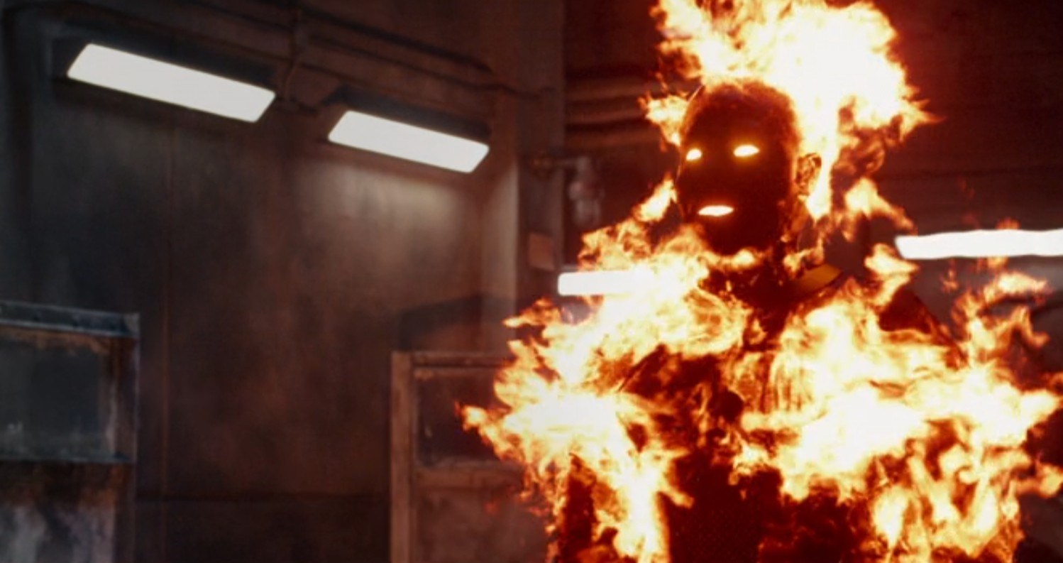 The Human Torch, played in the flesh by Michael B. Jordan, lights himself on fire in a scene from the 2015 Fantastic Four. 