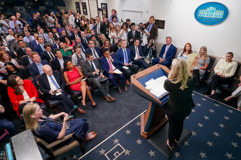 White House Press Secretary Karoline Leavitt was grilled by Fox News' Peter Doocy about Attorney General Pam Bondi's February comments on a Jeffrey Epstein client list.
