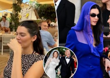 Kendall Jenner takes a shot while balancing $75K handbag on her head after attending ‘tone-deaf’ Bezos wedding