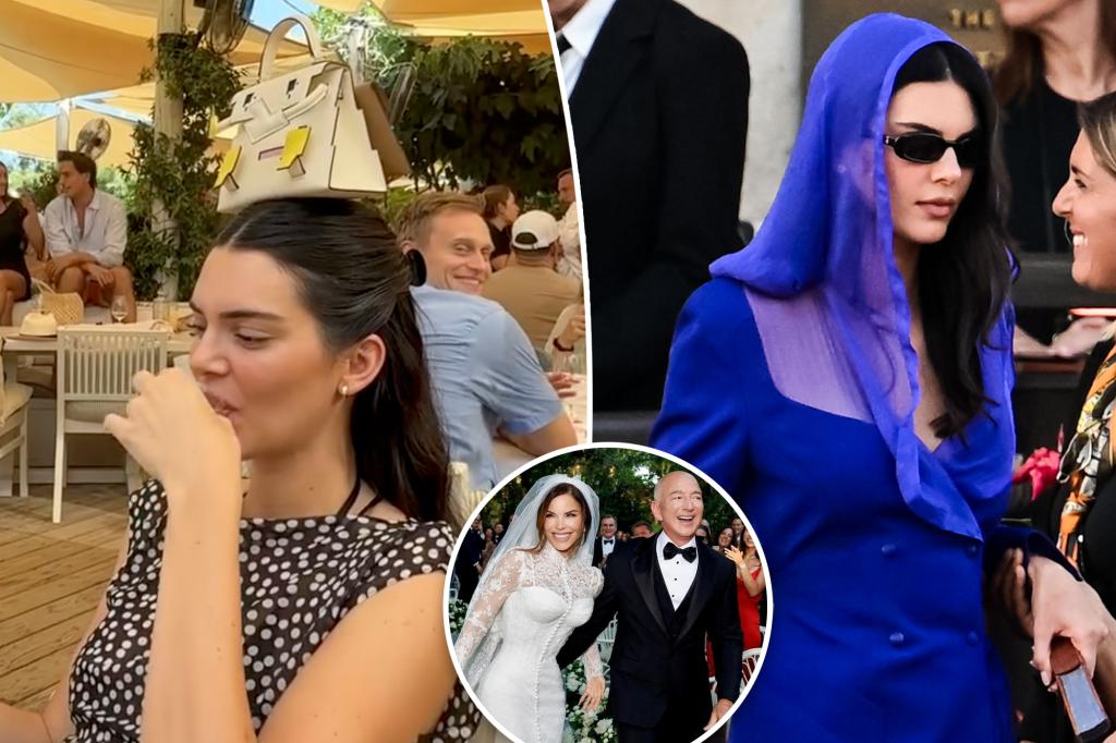 Kendall Jenner takes a shot while balancing $75K handbag on her head after attending ‘tone-deaf’ Bezos wedding