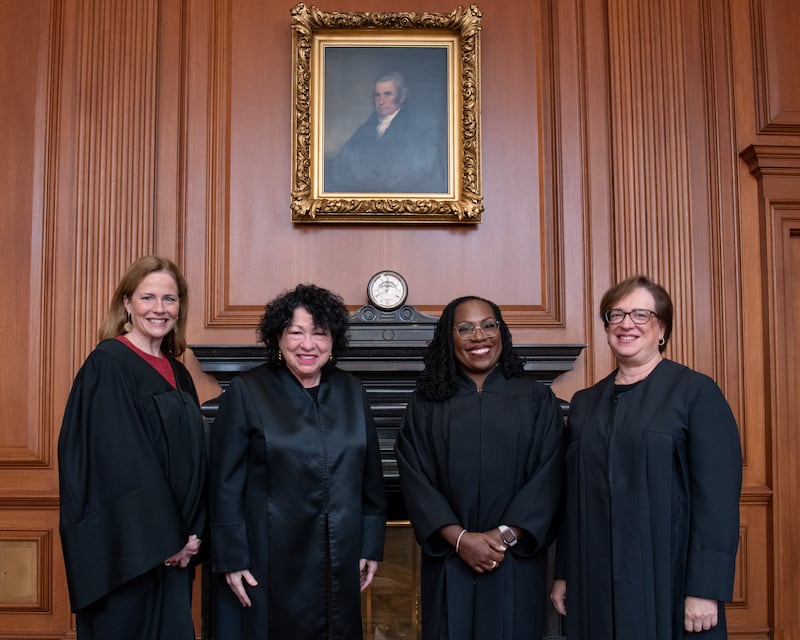 In this handout provided by the Collection of the Supreme Court of the United States, (L-R) Associate Justices Amy Coney Barrett, Sonia Sotomayor, Ketanji Brown Jackson, and Elena Kagan pose at a courtesy visit in the Justices Conference Room prior to the investiture ceremony of Associate Justice Ketanji Brown Jackson September 30, 2022 in Washington, DC. On June 30, 2022, Justice Jackson took the oaths of office to become the 104th Associate Justice of the Supreme Court of the United States.