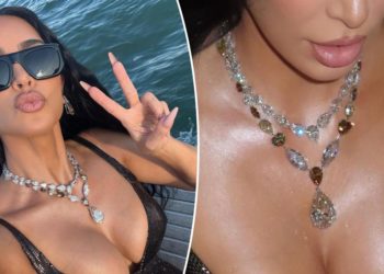 Kim Kardashian gives fans a closer look at her 106-carat diamond necklace from Jeff Bezos’ wedding