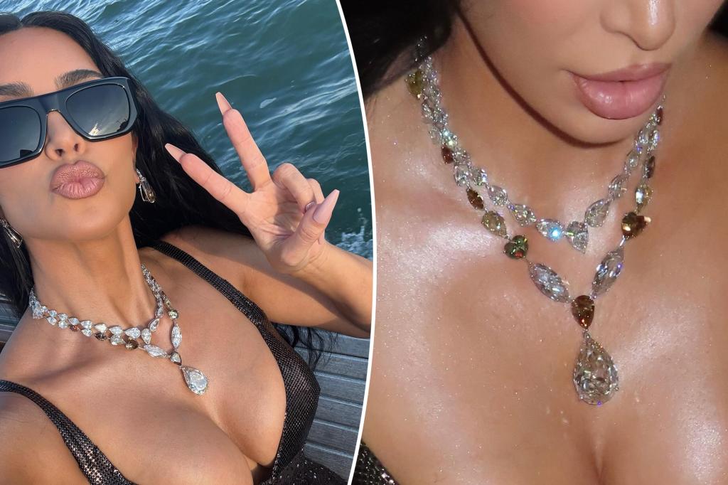 Kim Kardashian gives fans a closer look at her 106-carat diamond necklace from Jeff Bezos’ wedding