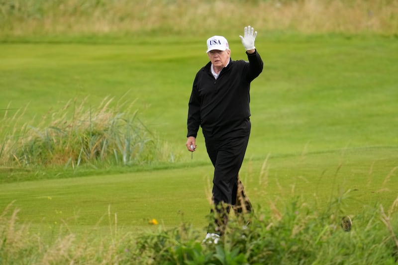 TURNBERRY, SCOTLAND - JULY 26: U.S. President Donald Trump plays golf at Trump Turnberry golf course on July 26, 2025 in Turnberry, Scotland. U.S. President Donald Trump is visiting his Trump Turnberry golf course, as well as Trump International Golf Links in Aberdeenshire, during a brief visit to Scotland from July 26 to 29. (Photo by Christopher Furlong/Getty Images)
