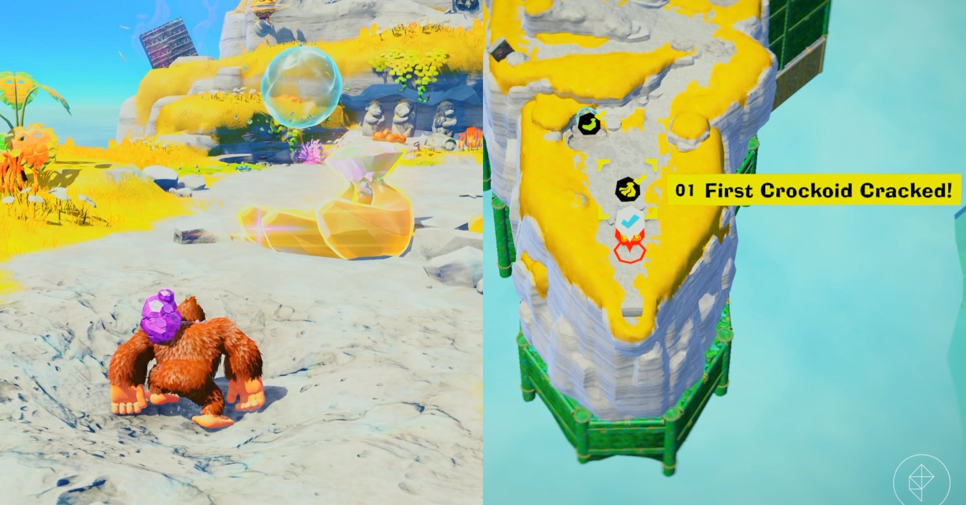 DK stands near the First Crockoid Cracked gem in a split image showing a map of a  Lagoon Layer Banandium Gem