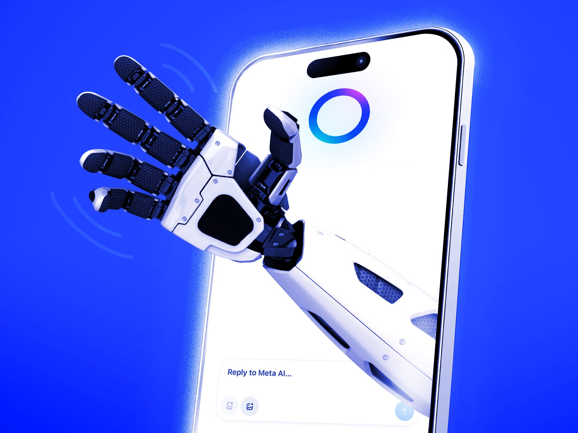 An AI robot hand waving, emerging from an iPhone screen displaying a Meta AI chat interface.