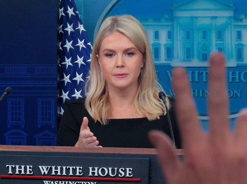 WASHINGTON, DC - JUNE 19: White House Press Secretary Karoline Leavitt calls on reporters during a news conference in the Brady Press Briefing Room at the White House on June 19, 2025 in Washington, DC. Leavitt announced that President Donald Trump will make a decision on whether the United States will get directly involved in the conflict between Israel and Iran in the next two weeks. (Photo by Chip Somodevilla/Getty Images)