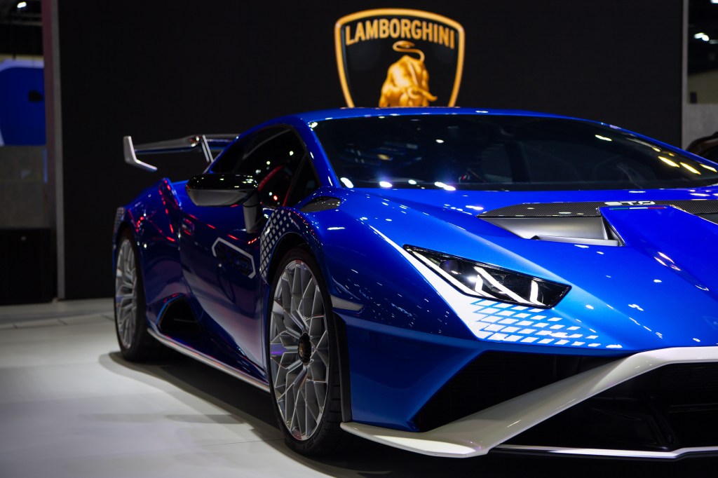 Blue Lamborghini Huracan STO on display.