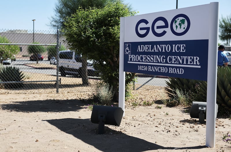 ADELANTO, CALIFORNIA - JUNE 17: A sign is posted at the GEO Group-owned Adelanto ICE Processing Center on June 17, 2025 in Adelanto, California. Five U.S. House members visited the facility ``to demand answers regarding unlawful immigration raids, denial of due process, and new allegations that U.S. citizens may have been swept up in enforcement actions.'' (Photo by Mario Tama/Getty Images)